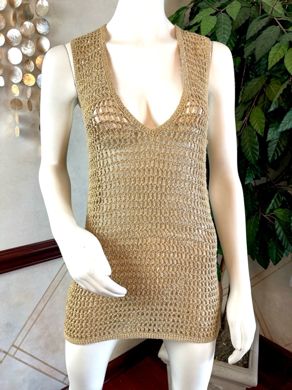 MODA INTERNATIONAL TAN OPEN STITCH CROCHET COVERUP